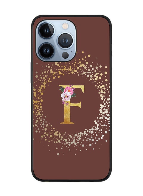Rugged Black edge case for Apple iPhone 13 Pro Slim fit Soft Case Flexible Rubber Edges TPU Gel Thin Cover - Custom Monogram Initial Letter Floral Pattern Alphabet - F (Brown)