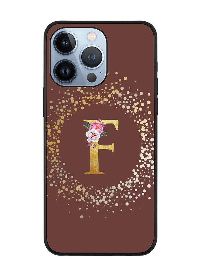 Rugged Black edge case for Apple iPhone 13 Pro Slim fit Soft Case Flexible Rubber Edges TPU Gel Thin Cover - Custom Monogram Initial Letter Floral Pattern Alphabet - F (Brown)