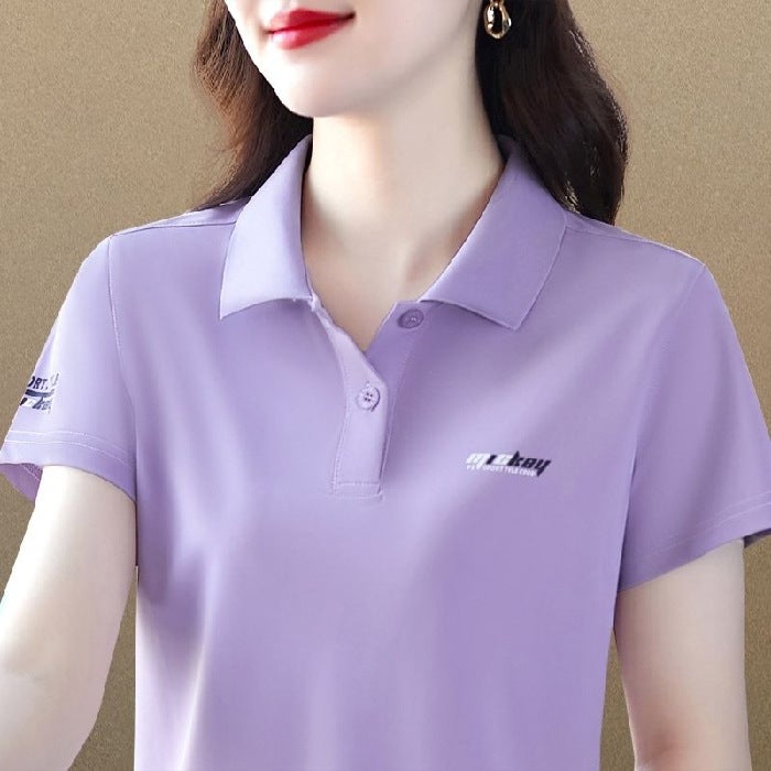Korean Slim-Fit Polo Shirt Summer Casual Tee Women A31-Blue  - Image 3
