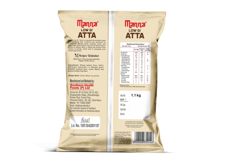 Manna High Protein Multigrain Atta Low GI Sugar Control with 21g Protein, 14g Fibre (in 3-4 Rotis) 2. 2kg - Image 2