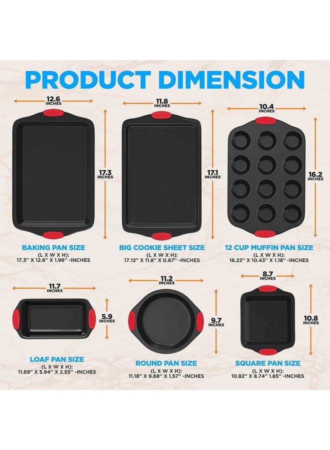 نيوتري شيف طقم أدوات خبز نيوتري شيف غير لاصق، 6 قطع - صينية خبز من الفولاذ الكربوني مع مقابض سيليكون حمراء مقاومة للحرارة، آمنة للاستخدام في الفرن حتى 450 درجة فهرنهايت، قوالب مستديرة/مربعة لكعك الرغيف، صينية بسكويت، صينية خبز - NCSBS6S، أسود - Image 1