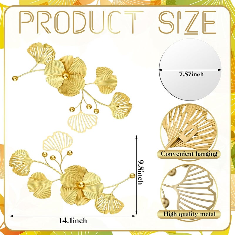 Tandefio 3 Pcs Metal Decorative Wall Mirrors for Living Room Metal Ginkgo Leaf Mirror Modern Creative Wall Decor Art Hanging Decor Mirror for Entrance Bedroom Living Room (Gold,16.inches) - Image 3