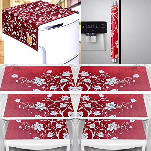KANUSHI Industries® PVC Refrigerator Mats Set of 6 + 1 pc Fridge Cover + 1 pc Handle Cover (FRI-MAROON-RAJ + 1-HANDLE + M-25-06) - Image 1