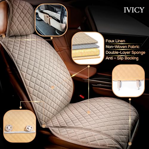 IVICY غطاء مقعد السيارة من IVICY بتصميم الكتان الصناعي - متين وغير قابل للانزلاق - واقيات مقاعد السيارة الأمامية لمعظم السيارات، الفانات، SUVs، الشاحنات - وحدة واحدة - بيج دافئ - Image 2