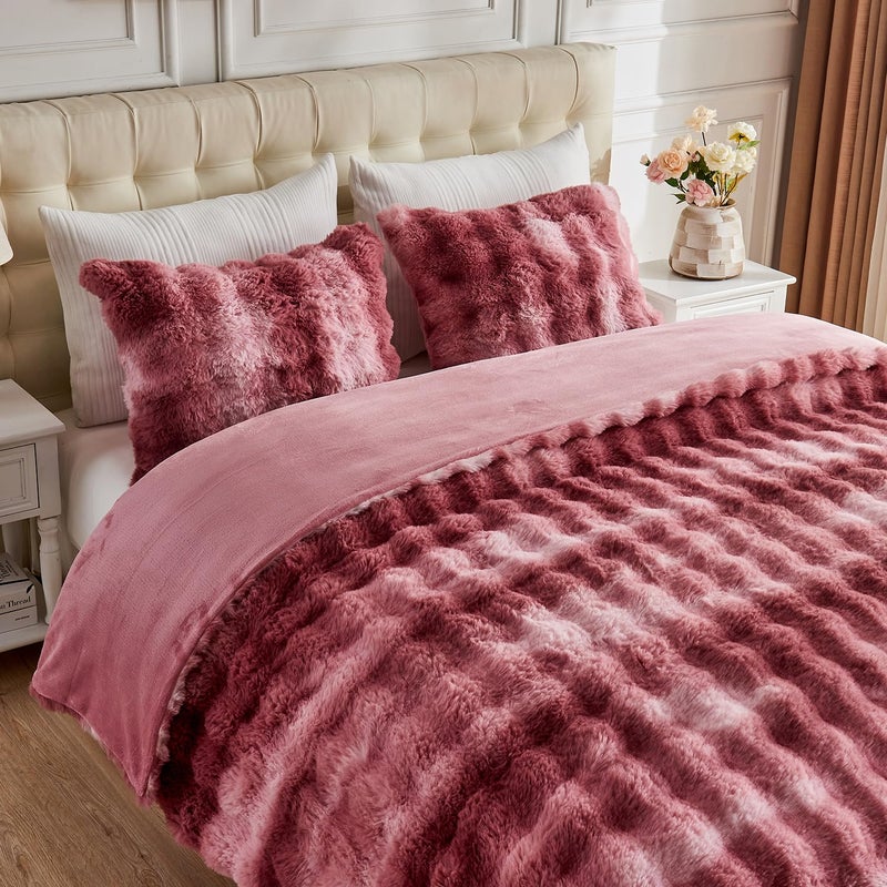 Lotus Karen Lotus Karen Fluffy Comforter Cover Set-Rabbit Fluff Faux Fur Duvet Cover Queen Size Tie-Dye Pink Plush Fuzzy Furry Bedding Sets 3Pieces(1 Duvet Cover & 2 Pillow Shams) Zipper Closure  - Image 2
