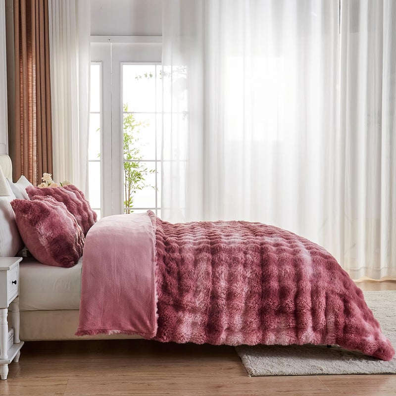 Lotus Karen Lotus Karen Fluffy Comforter Cover Set-Rabbit Fluff Faux Fur Duvet Cover Queen Size Tie-Dye Pink Plush Fuzzy Furry Bedding Sets 3Pieces(1 Duvet Cover & 2 Pillow Shams) Zipper Closure  - Image 4