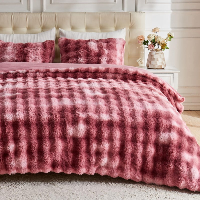 Lotus Karen Lotus Karen Fluffy Comforter Cover Set-Rabbit Fluff Faux Fur Duvet Cover Queen Size Tie-Dye Pink Plush Fuzzy Furry Bedding Sets 3Pieces(1 Duvet Cover & 2 Pillow Shams) Zipper Closure  - Image 1