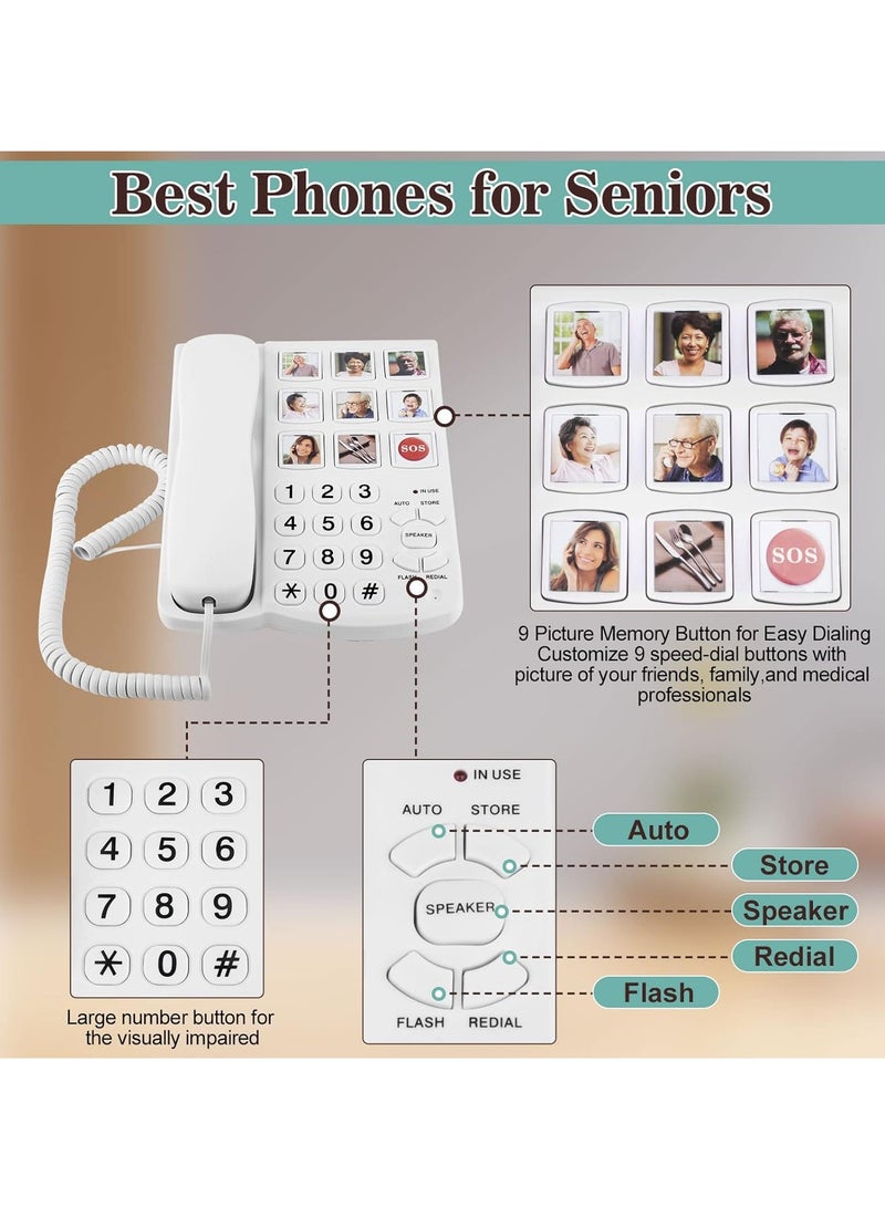SYOSI هواتف أرضية لكبار السن، هواتف كبيرة لكبار السن، 9 صور قابلة للاستبدال، قرص بلمسة واحدة، 110 ديسيبل + هواتف منزلية لضعاف السمع والخرف والزهايمر - Image 2