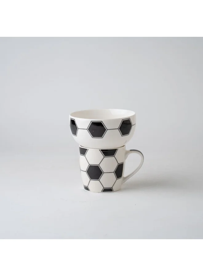 دانوب هوم BTS 2-Piece Soccer Breakfast Set - Stylish Black & White New Bone China Mug (345ml) & Bowl (480ml) - Ideal for Kitchen Table Top