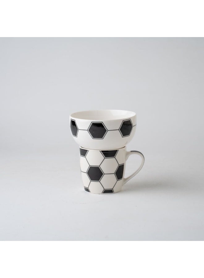DANUBE HOME BTS 2-Piece Soccer Breakfast Set - Stylish Black & White New Bone China Mug (345ml) & Bowl (480ml) - Ideal for Kitchen Table Top
