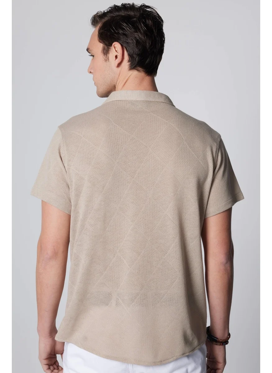 Tudors Slim Fit Slim Fit Short Sleeve Breathable Knitted Texture Square Patterned Open Collar Summer Stone Color Men's Shirt