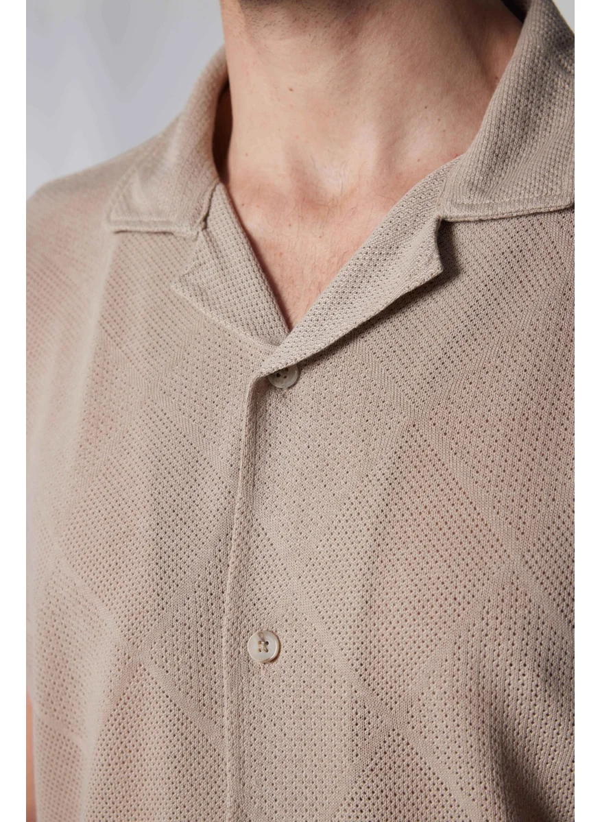 Tudors Slim Fit Slim Fit Short Sleeve Breathable Knitted Texture Square Patterned Open Collar Summer Stone Color Men's Shirt