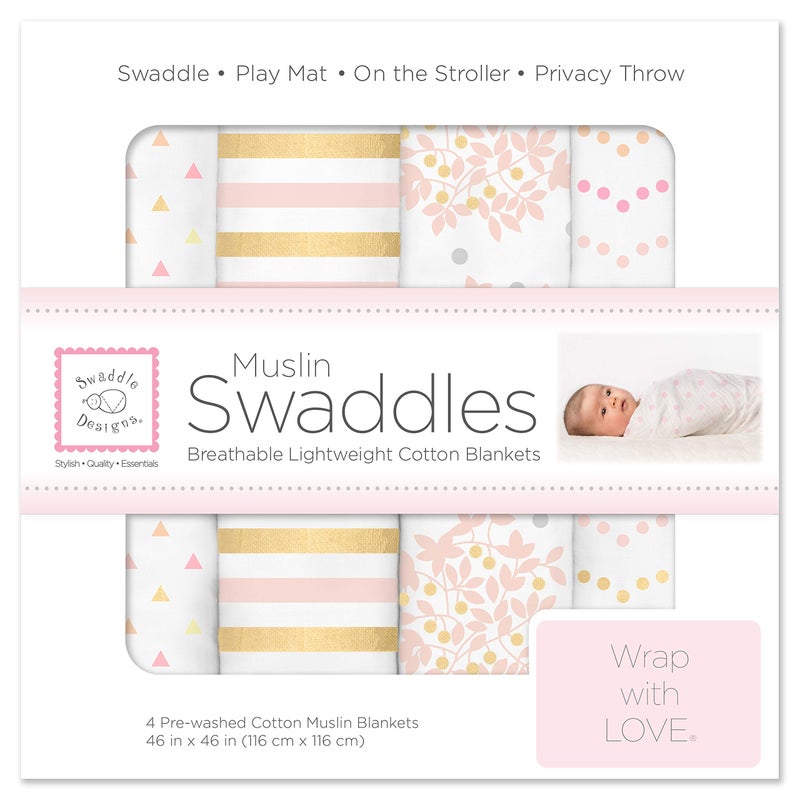 SwaddleDesigns طقم بطانيات سواتل ديزاينز من القطن المصنوع من الموصلي - 4 بطانيات استقبال للأولاد والبنات - أفضل هدية استحمام - 46x46 بوصة - زهور وردية وخطوط