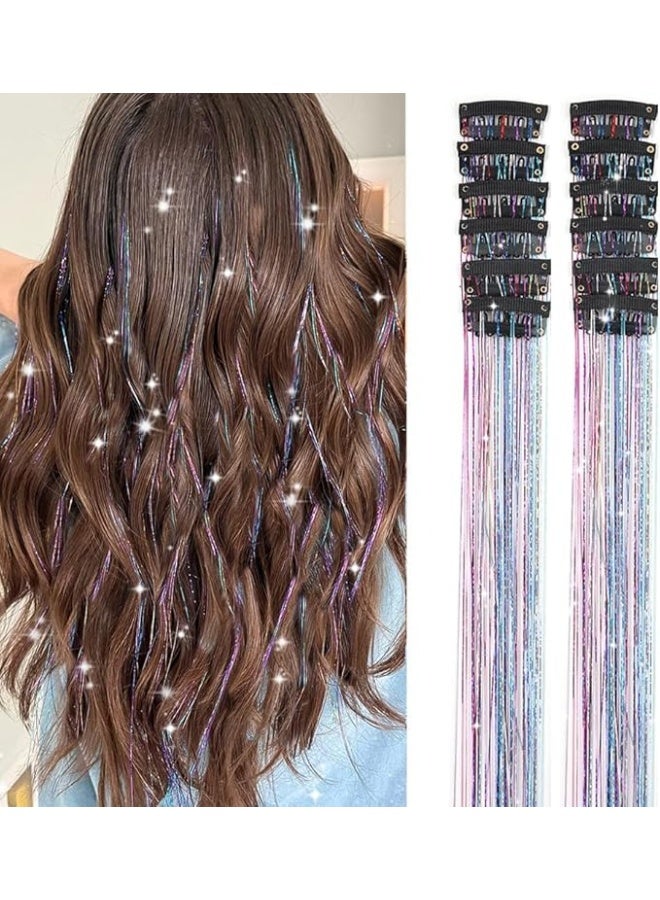 وصلات شعر لامعة قابلة للتثبيت - 12 قطعة، خصلات شعر جنية لامعة ملونة بطول 20 بوصة للنساء والفتيات والأطفال - إكسسوارات شعر لامعة للحفلات والمهرجانات وحفلات التنكر والهالوين والحفلات الموسيقية والمرح اليومي