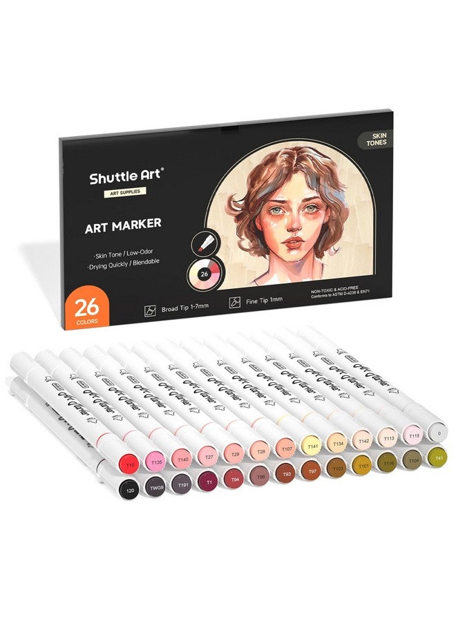 شاتل أرت مجموعة أقلام تحديد لون البشرة والشعر المكونة من 26 لونًا، تحتوي على طرفين من أقلام تحديد لون البشرة القائمة على الكحول، تحتوي على خلاط واحد، مثالية للأطفال والكبار، والبورتريه، والقصص المصورة، والأنمي، والمانجا، والرسوم التوضيحية - Image 1