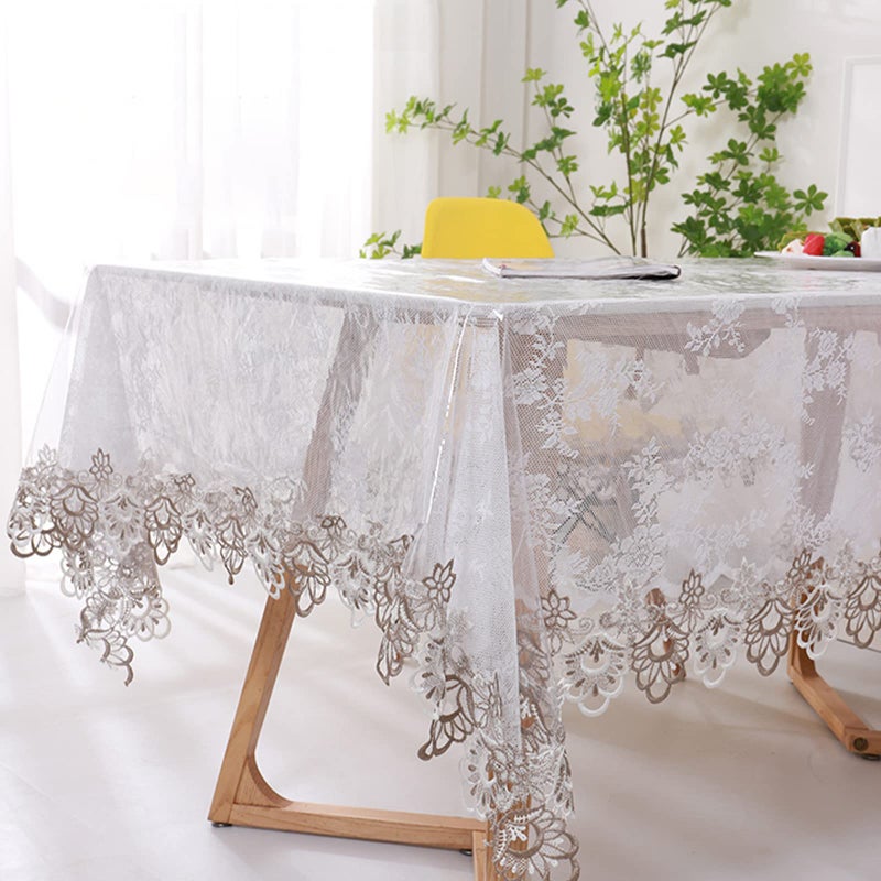 Fhberni Clear Plastic Rectangle Tablecloth Waterproof Vinyl PVC Tablecloth Embroidered Lace Edge Transparent Table Cover for Kitchen Outdoor and Indoor Uses-60x94 inch, Floral 1 - Image 1
