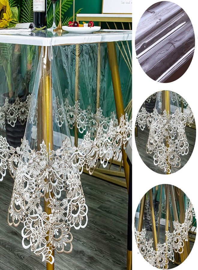 Fhberni Clear Plastic Rectangle Tablecloth Waterproof Vinyl PVC Tablecloth Embroidered Lace Edge Transparent Table Cover for Kitchen Outdoor and Indoor Uses-60x94 inch, Floral 1 - Image 2