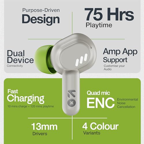GOBOULT Tenet TWS Earbuds with 75H Playtime, Amp App Support, Quad Mic ENC, Dual Device Pairing Buds, 13mm Driver Ear Buds, Bluetooth 5.4 Wireless Earbuds (Neon Green) - Image 3