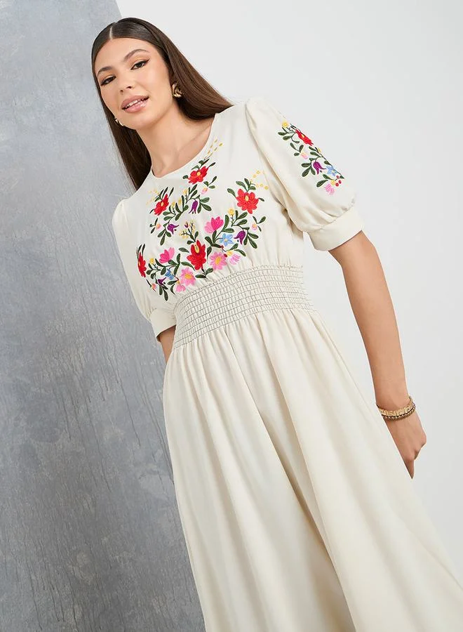 Take Two Embroidered Panel Gathered Waist Maxi Dress