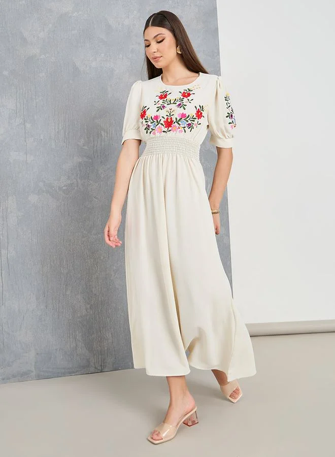 Take Two Embroidered Panel Gathered Waist Maxi Dress