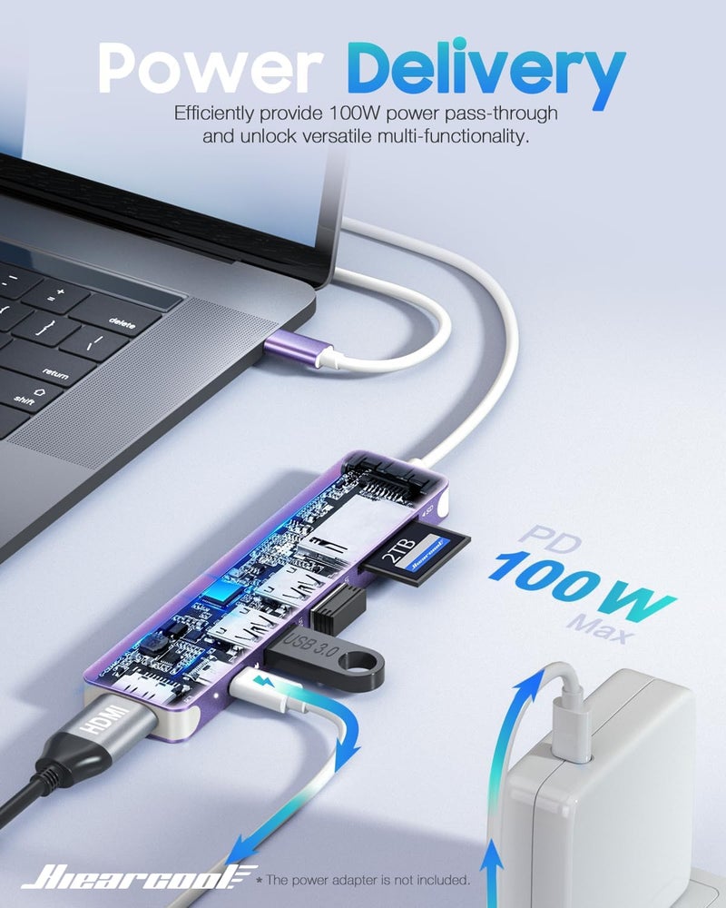 Hiearcool USB C Hub, 7-in-1 Multi-Port Adapter, USB-C to 4K HDMI Splitter Type C Dock Dongle with 100W Power Delivery SD/TF Card Reader Compatible for MacBook Pro/Air and More Type USBC Devices - Image 3
