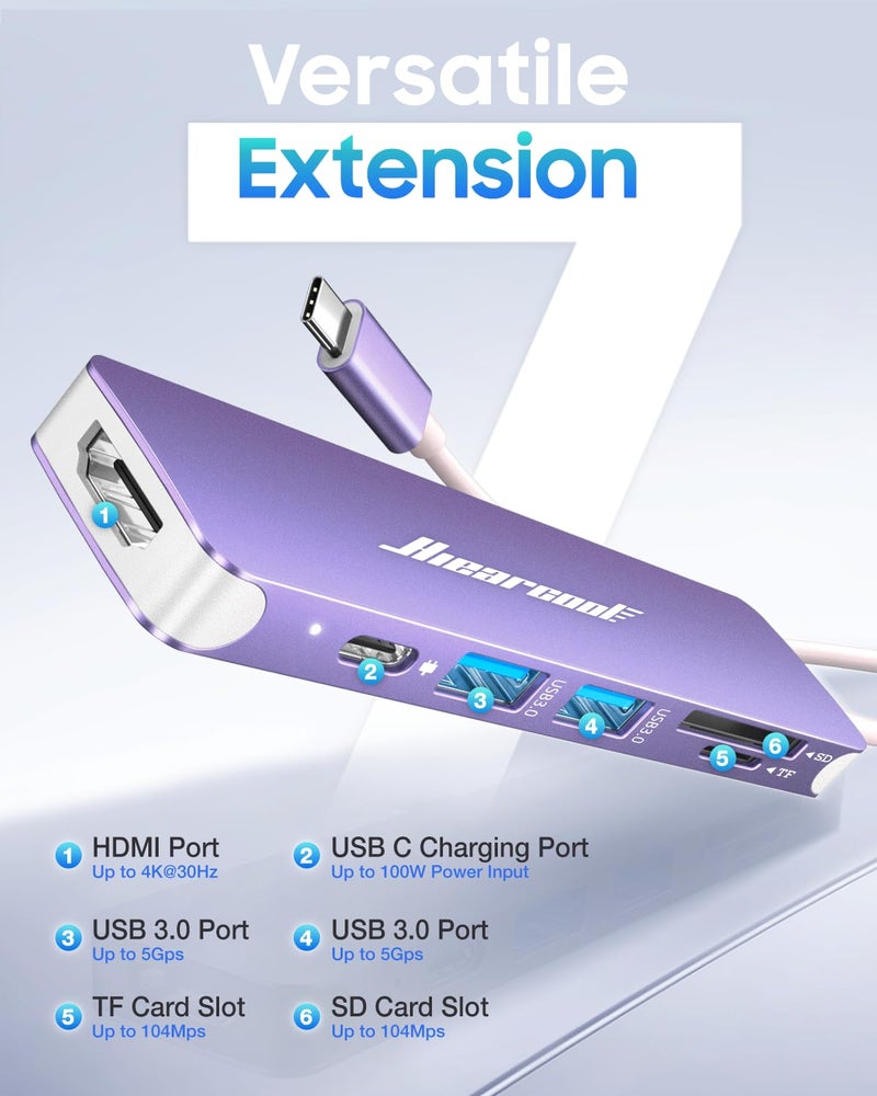 Hiearcool USB C Hub, 7-in-1 Multi-Port Adapter, USB-C to 4K HDMI Splitter Type C Dock Dongle with 100W Power Delivery SD/TF Card Reader Compatible for MacBook Pro/Air and More Type USBC Devices - Image 2