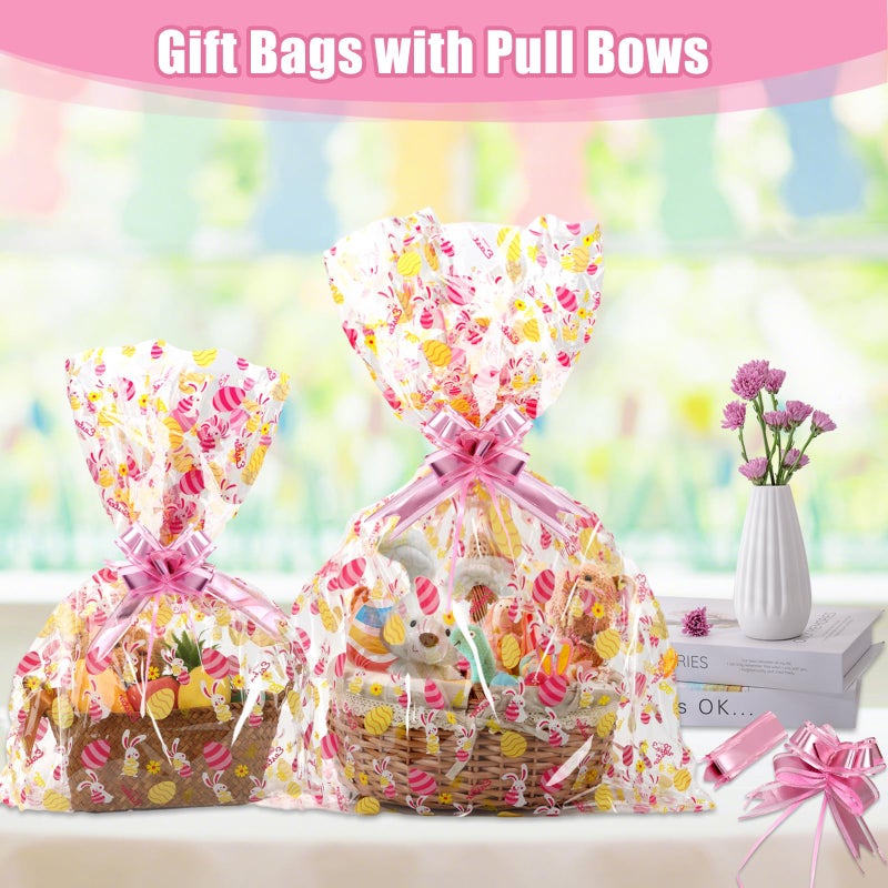 SUREHOME Cellophane Bags for Gift Baskets 24 x 30 Inch Large Clear Gift Bags for Easter Baskets Wrap, Set Of 10 Plastic Cello Bunny Treat Bag with Pull Bow Ribbon for Large Easter Basket - Image 5