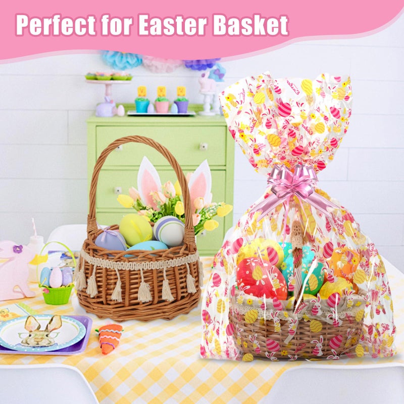 SUREHOME Cellophane Bags for Gift Baskets 24 x 30 Inch Large Clear Gift Bags for Easter Baskets Wrap, Set Of 10 Plastic Cello Bunny Treat Bag with Pull Bow Ribbon for Large Easter Basket - Image 3