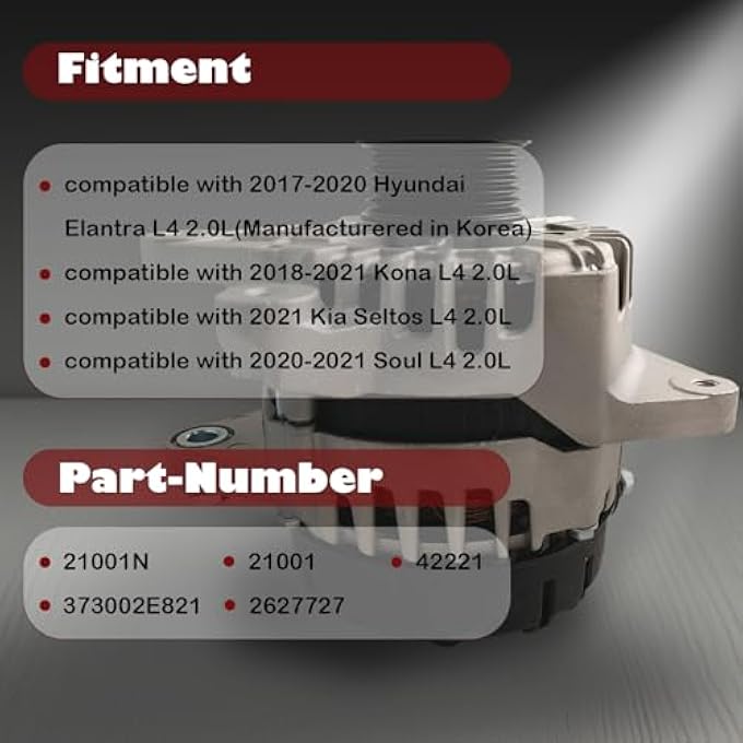 ZZDSNJ 2627727 Alternator Compatible with 2017-2020 Hyundai Elantra 2018-2021 Kona 2020-2021 Kia Soul,2021 Seltos 2.0L Replace# 373002E821 - Image 2