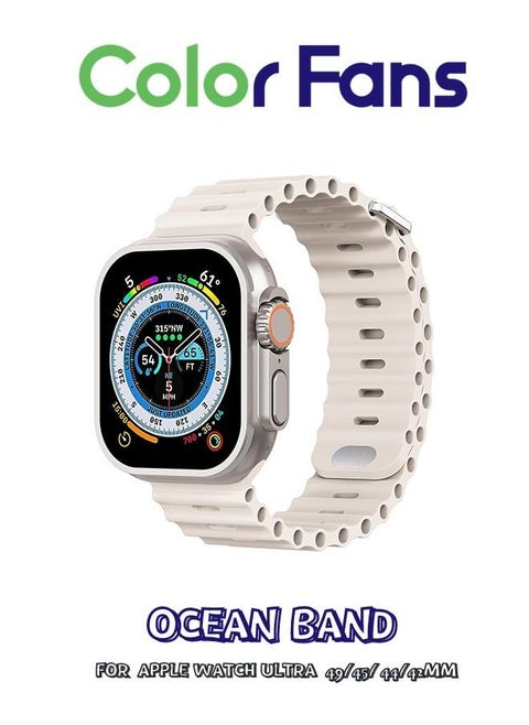 Soft Silicone Ocean Sports Strap Compatible Apple Watch Ultra 49mm 45mm 44mm 42mm for Men Women, Adjustible Watch Band for Apple Watch Ultra/SE/Series 9/8/7/6/5/4/3/2/1 - Starlight