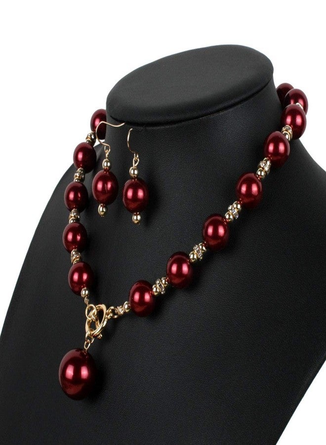 سوبيربليس طقم مجوهرات نسائي أنيق من Suoirblss، يتكون من عقد تشوكر وأقراط مرصعة بأحجار الراين واللؤلؤ الصناعي (لون أحمر خمري). - Image 3