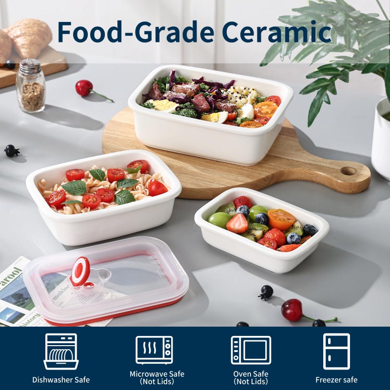 Dizada Ceramic Food Storage Containers with Lids, Meal Prep Containers Reusable, Lunch Containers for Meal Prep, Picnic, Camping, Microwave, Dishwasher & Freezer Safe Tupperware Sets with lids, Set of 3 - Image 3