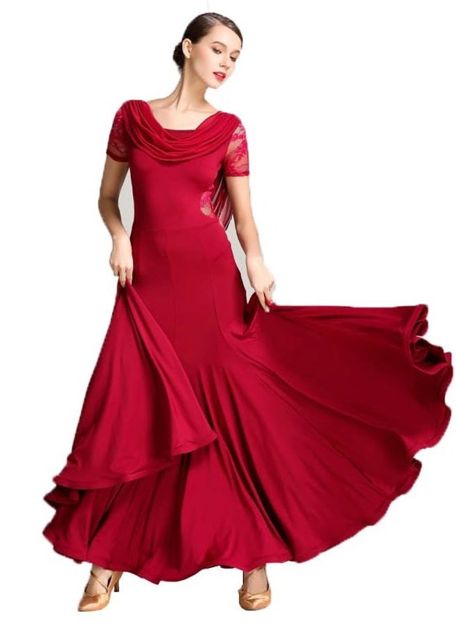 ORIDOOR Flash Diamond Ballroom Dance Waltz Tango Standard Competition Dance Dress 02-Wine red Large - Image 1
