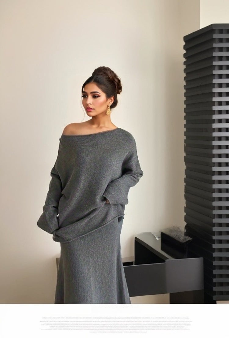 2024 Autumn Elegant Knit Set Off-Shoulder Sweater Skirt Milky White - Image 2