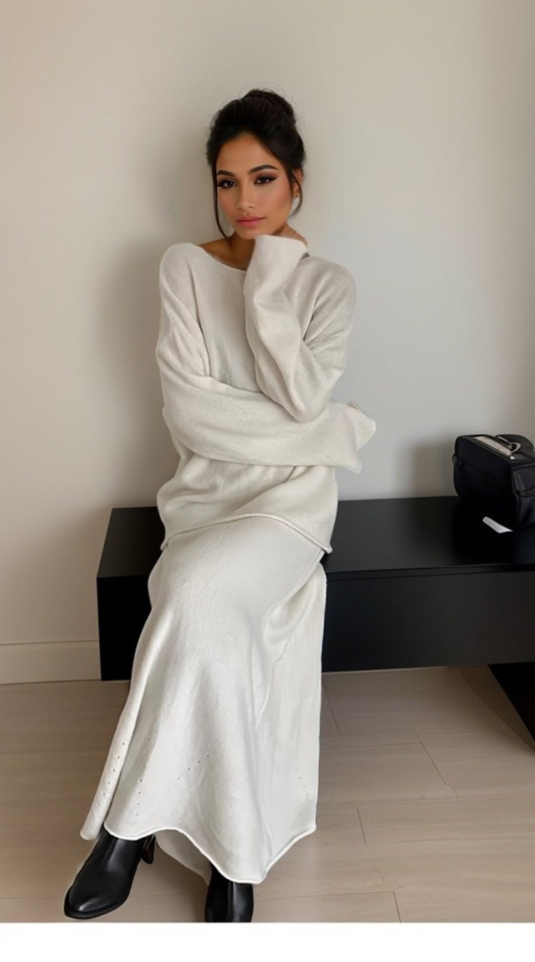 2024 Autumn Elegant Knit Set Off-Shoulder Sweater Skirt Milky White - Image 1