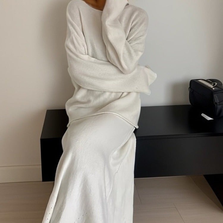 2024 Autumn Elegant Knit Set Off-Shoulder Sweater Skirt Milky White - Image 4