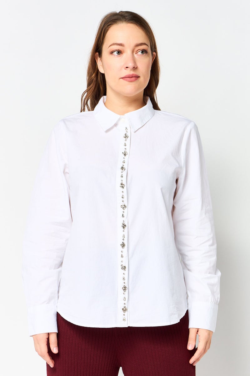 bebe Women Spread Collar Embellished Long Sleeve Shirt, White - Image 1