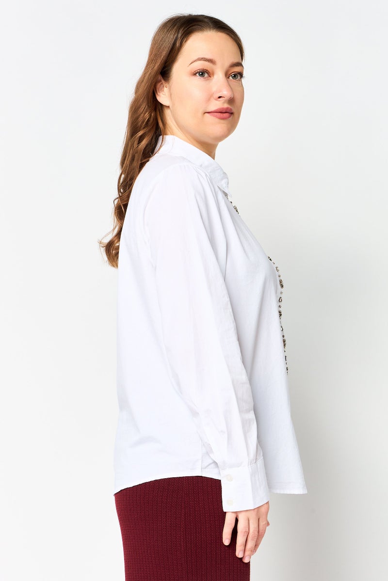 bebe Women Spread Collar Embellished Long Sleeve Shirt, White - Image 3