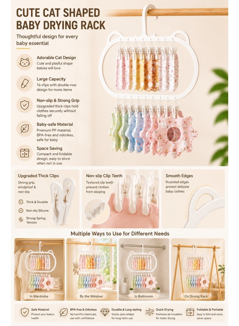 2 Pcs Baby Clothes Drying Rack with Clips, Cute Cat Ear Hanging Laundry Rack, Baby-Safe Sock Drying Hanger with Strong Non-Slip Clips for Socks, Bibs, Underwear, Hats & Baby Essentials - Image 3