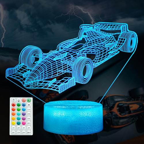 POSSHE F1 Car Gifts for Boy Formula One Night Light with Remote Control 16 Colors Changing RGB Flashing Mode and Dimmable Sport Race Car Gifts for Boys Christmas Decor - Image 1