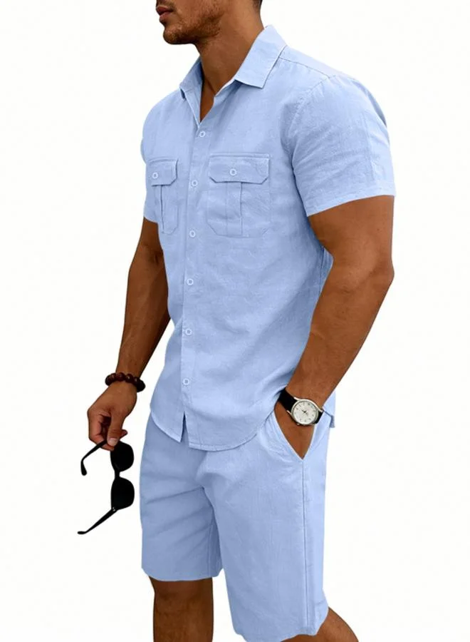 تايك تو Men Light Blue Linen Co-Ord Set with Shirt and Shorts Set