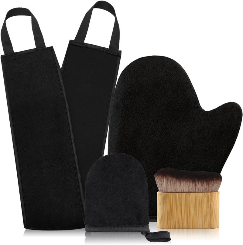 FUNAN Self Tanning Application Kit 4Piece Set with Back Applicator Mini Mitt Tanning Mitts and Ultra Soft Self Tanner Brush Bamboo Kabuki Brush Black