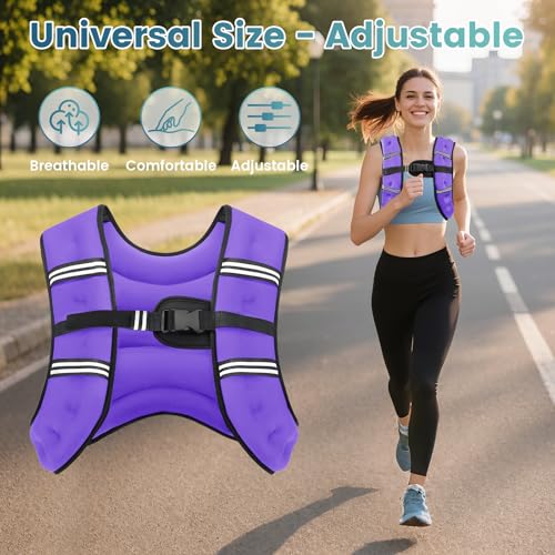 Cavry سترة كافري المثقلة، 8lb/12lb/16lb/20lb/25lb/30lb سترة وزن مع حزامين قابلين للتعديل للرجال والنساء، سترات وزن الجسم قابلة للتعديل مع شريط عاكس لتدريب القوة، الجري، تمارين التدريب، الركض، المشي-8LB، بنفسجي - Image 4