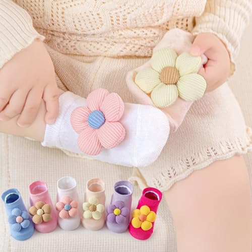 Aroveea Baby Toddler Girl Socks 6 Pairs Non Slip,Newborn Grip Flower Cotton Ankle Cute Socks for Babies Girl 0-6 Month - Image 2