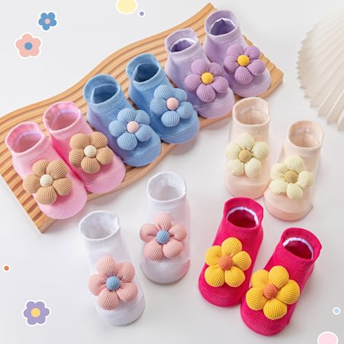 Aroveea Baby Toddler Girl Socks 6 Pairs Non Slip,Newborn Grip Flower Cotton Ankle Cute Socks for Babies Girl 0-6 Month - Image 3