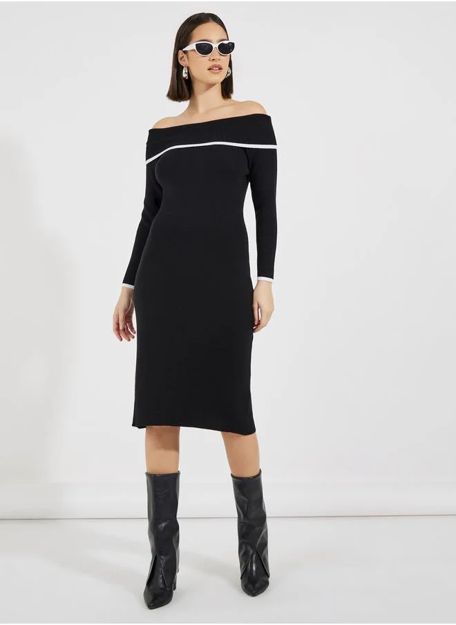 Styli Contrast Trim Off Shoulder Sweater Dress