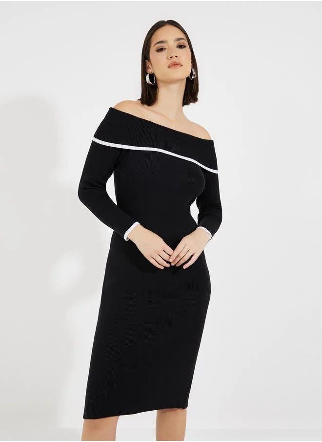 Styli Contrast Trim Off Shoulder Sweater Dress