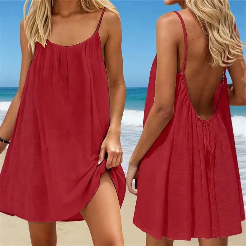2026 Ice Silk Wrinkle Solid Color Ruched Backless Strap Dress - Beach Holiday Skirt for Women - Image 3