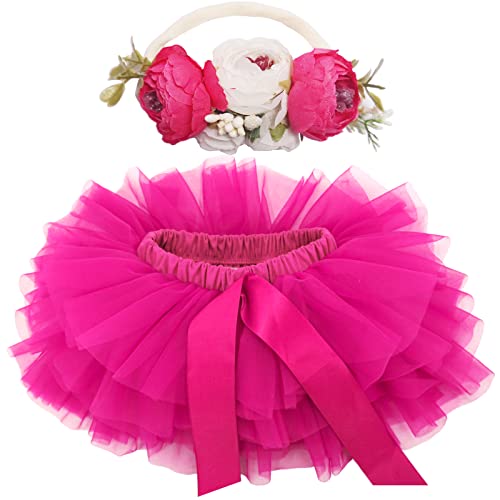 BGFKS Baby Girls Soft Fluffy Tutu Skirt with Diaper Cover,Toddler Girl Tutu Skirt Sets with Flower Headband. Hot Pink - Image 1