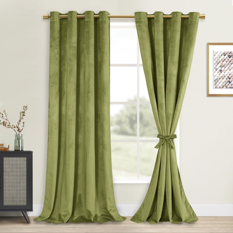 DWCN Moss Green Velvet Curtains 84 inches with Tiebacks - Elegant Sunlight Blocking Curtains for Living Room Thermal Insulated Window Shade Panels for Bedroom/Living Room, W52 x L84, 2 Panels - Image 1